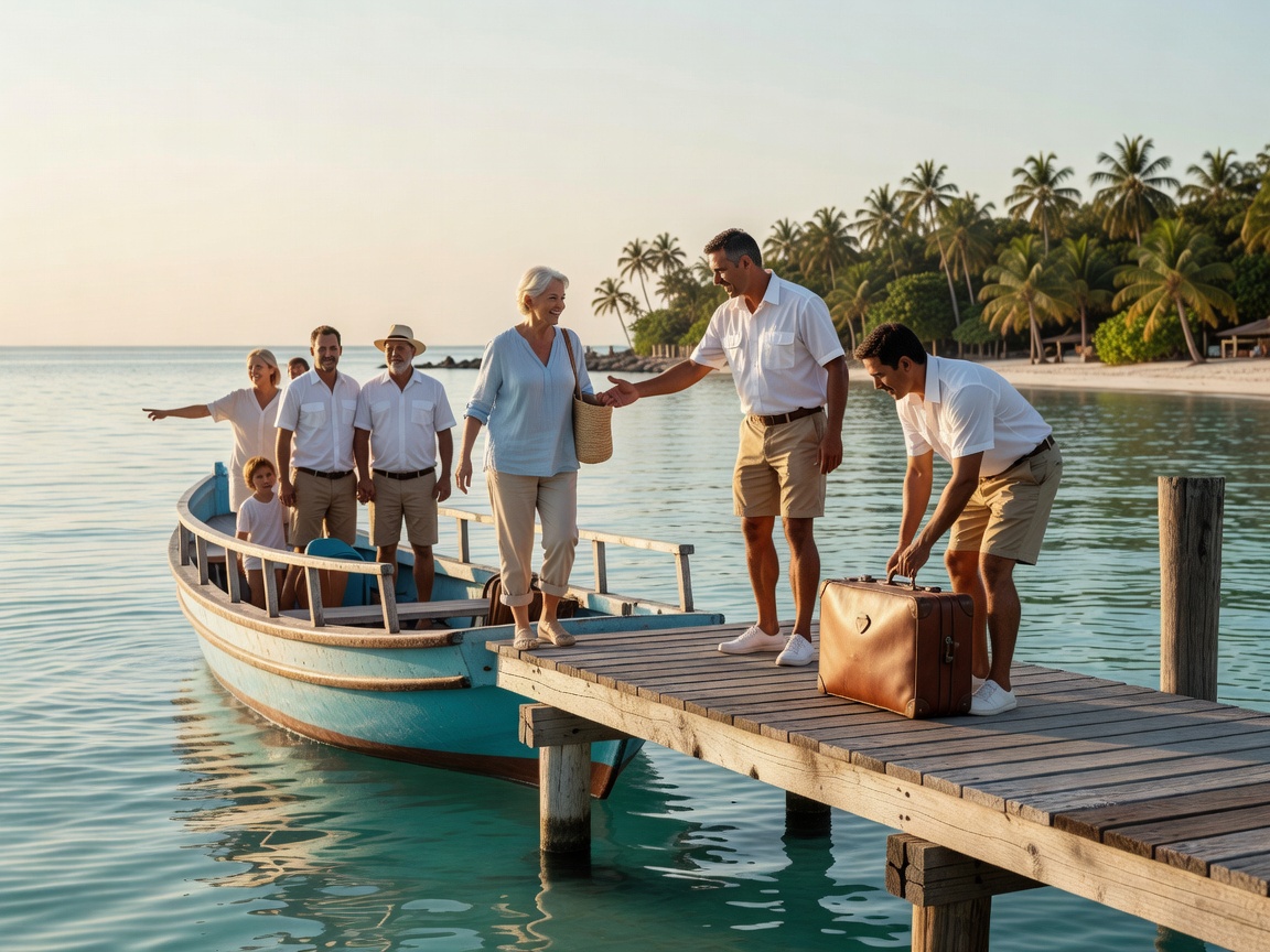 Ground crew guide passengers at an island pontoon during a seaplane transfer
