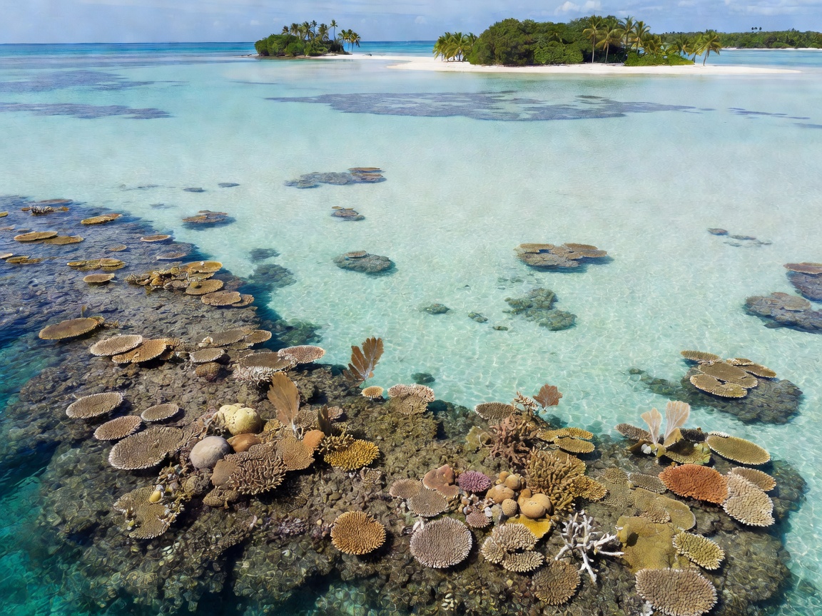 A reef edge and quiet island lagoon seen from above