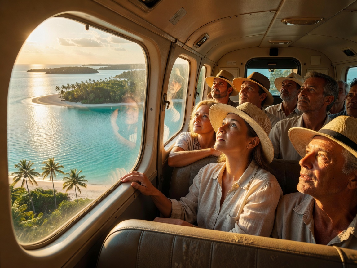 Travellers watch a sunlit lagoon and reef pattern through a small aircraft window