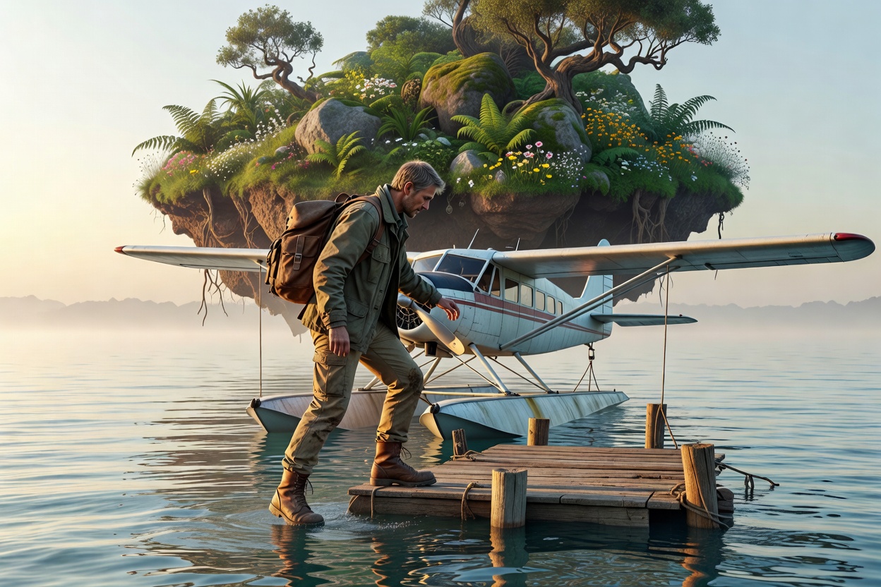 A traveller steps carefully onto a floating dock beside a seaplane