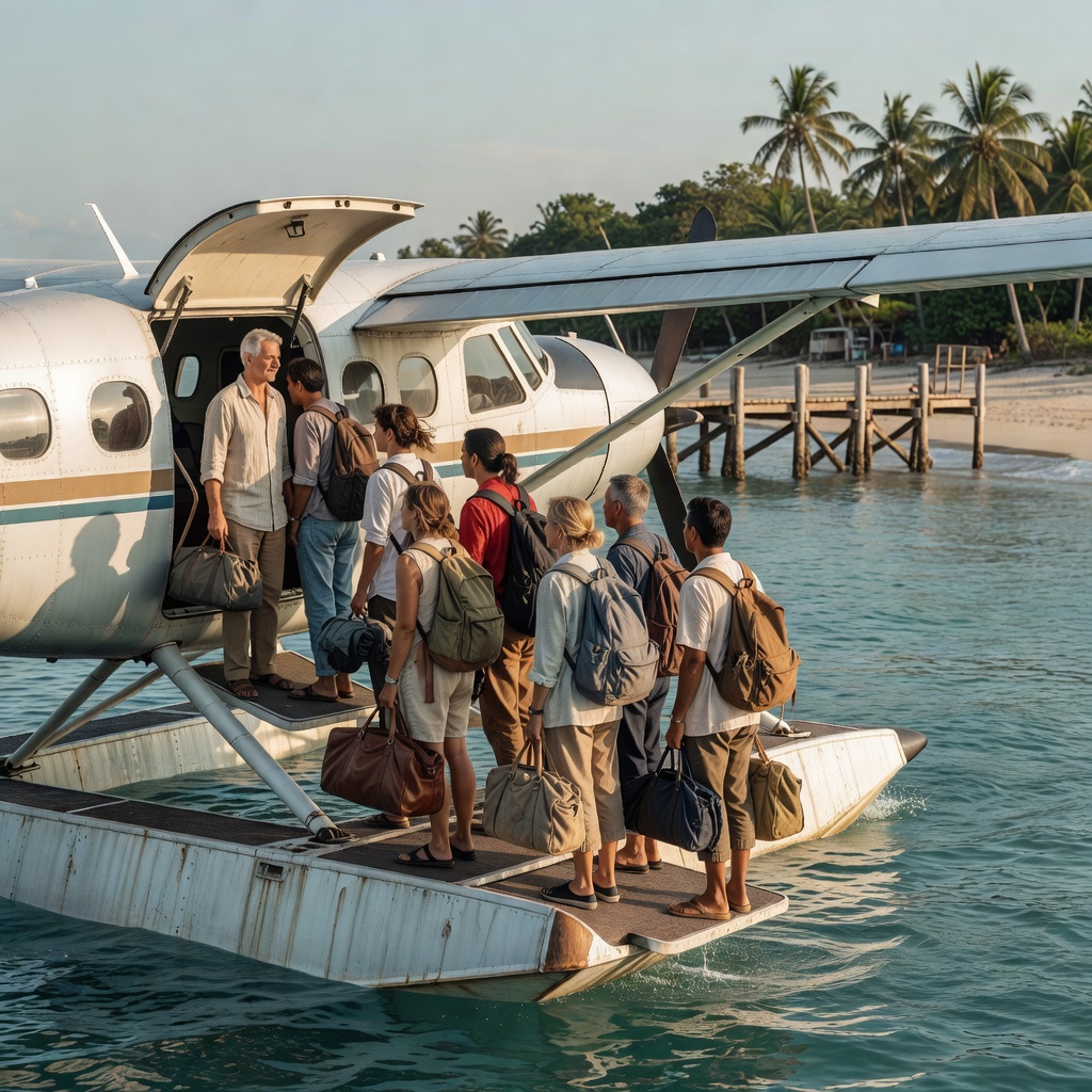 Passengers prepare to disembark after a seaplane crossing
